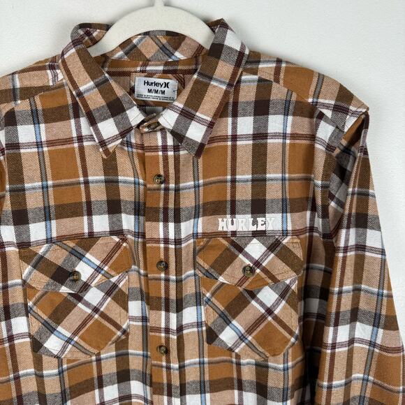 SOLD Hurley Mens Flannel Shirt Size M Plaid Logo Button Down Shirt Brown Tan - Picture 4 of 14